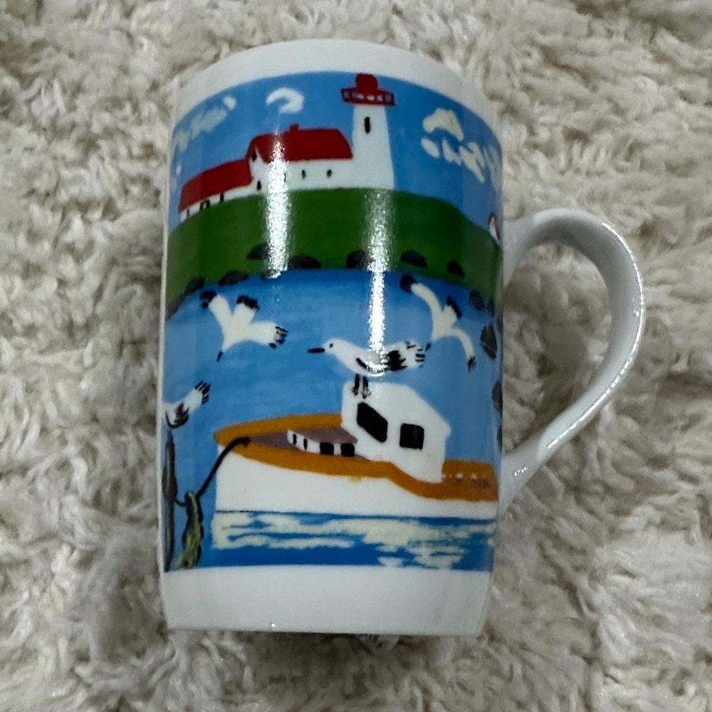 MAUDE LEWIS Seaside Lighthouse Ceramic Mug in Blue and White. New